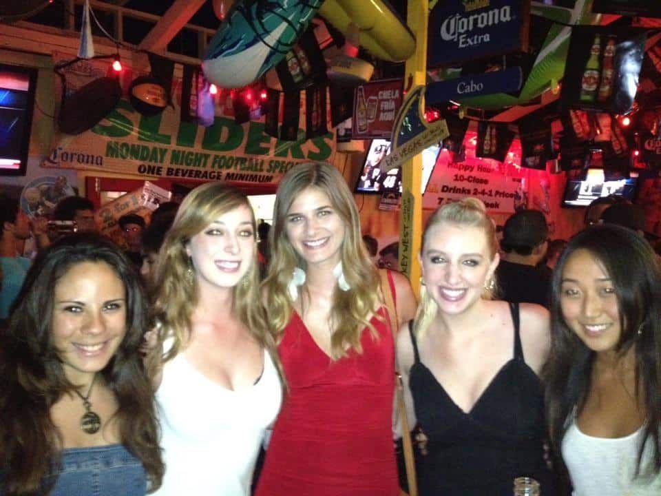 A group of five, smiling, collage-aged women posing in a line in a busy, colorful bar.