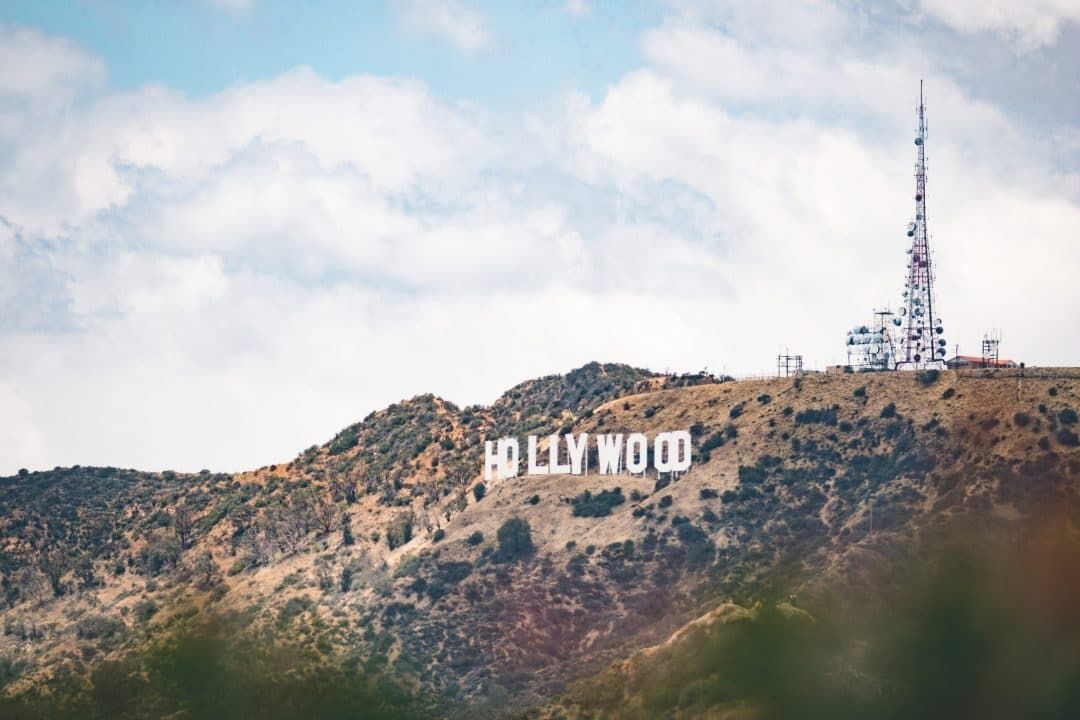 A view of the California hillside with the famous Hollywood sign.