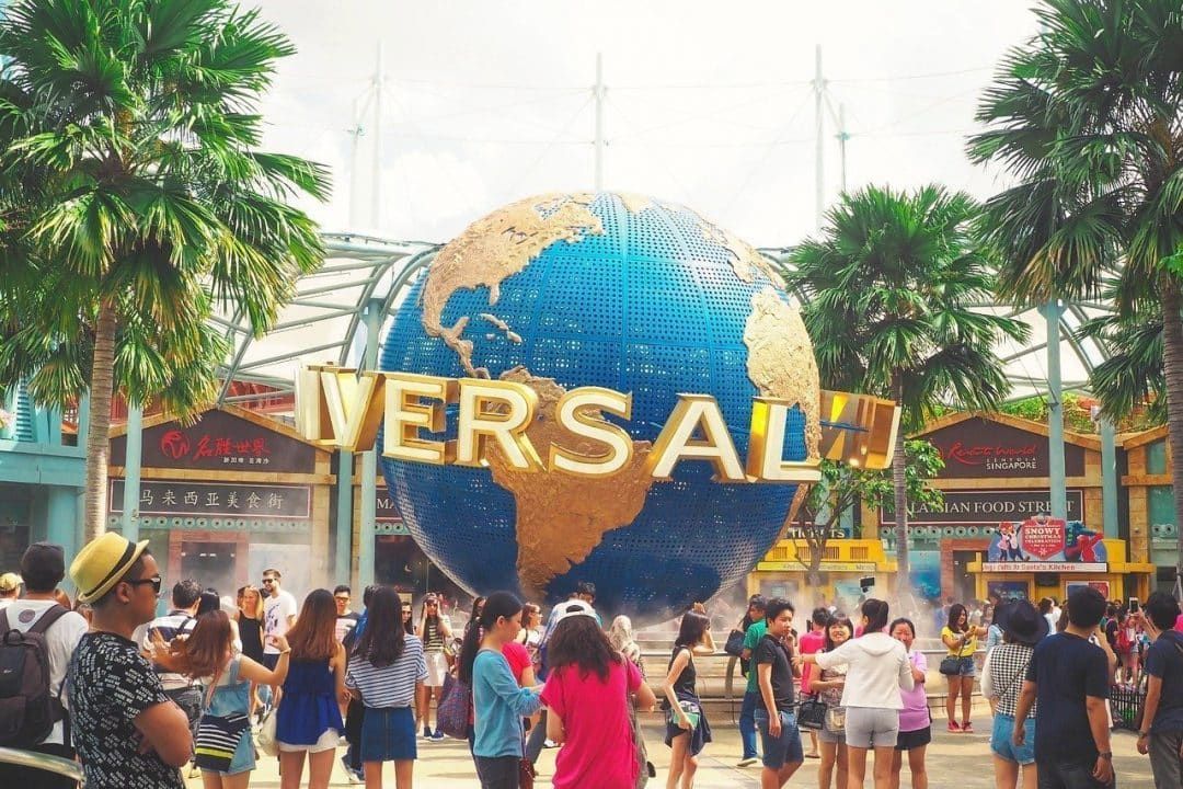 Crowds gathered around the globe at Universal Studios.