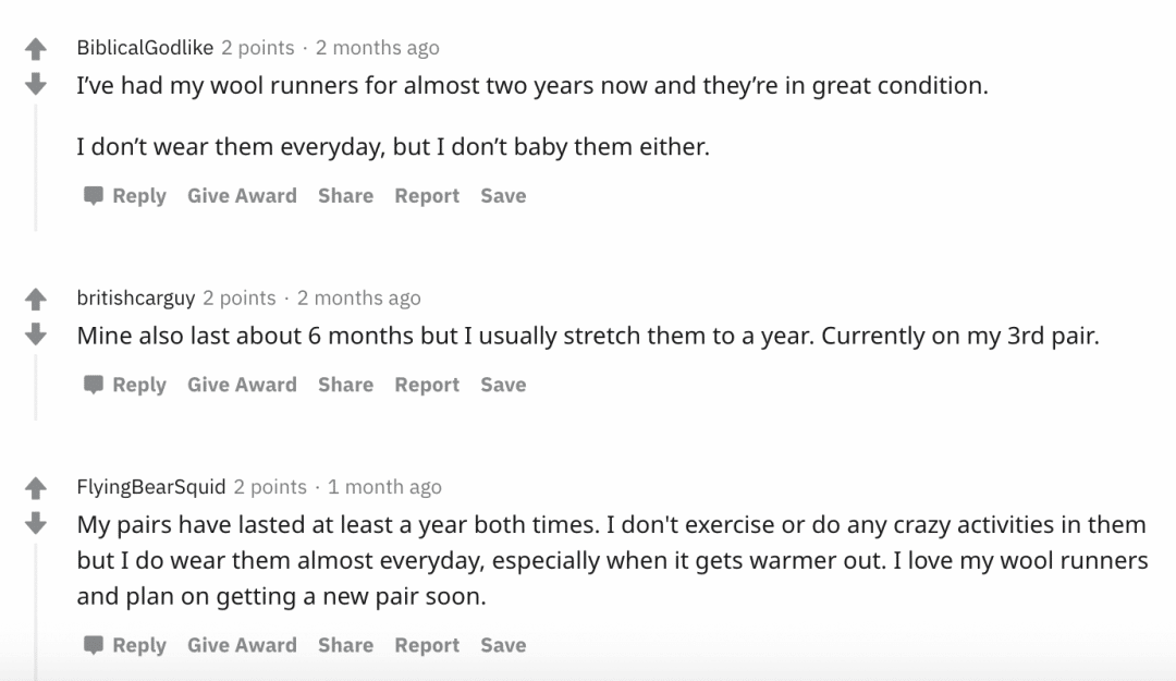 A screenshot of Allbirds wool runners durability reviews on Reddit.