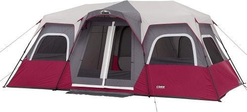 The grey and maroon Core 12-Person instant cabin tent.