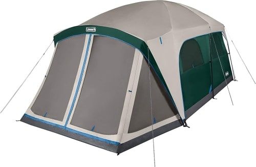 The grey and green Coleman Skylodge 12-Person tent.