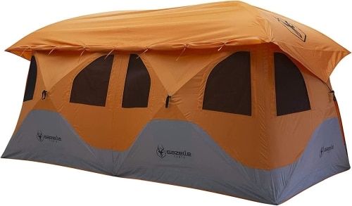 Product photo of the orange and grey Gazelle T8 90-second pop-up tent.
