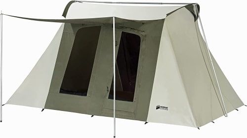 Product photo of the Kodiak Canvas Flex-Bow, a canvas tent with an awning.