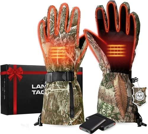 Product photo of camouflage Lancergears Camo Heated Gloves for Hunting.