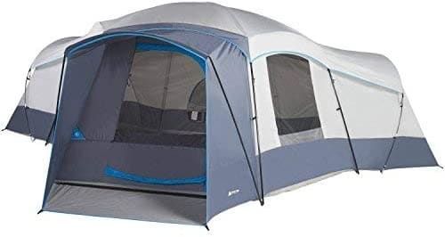 A product photo of the large, blue-grey Ozark Trail 16-Person Tent.