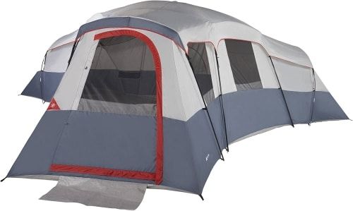 Product photo of the large Ozark Trail 20-Person cabin tent in grey with red trim.