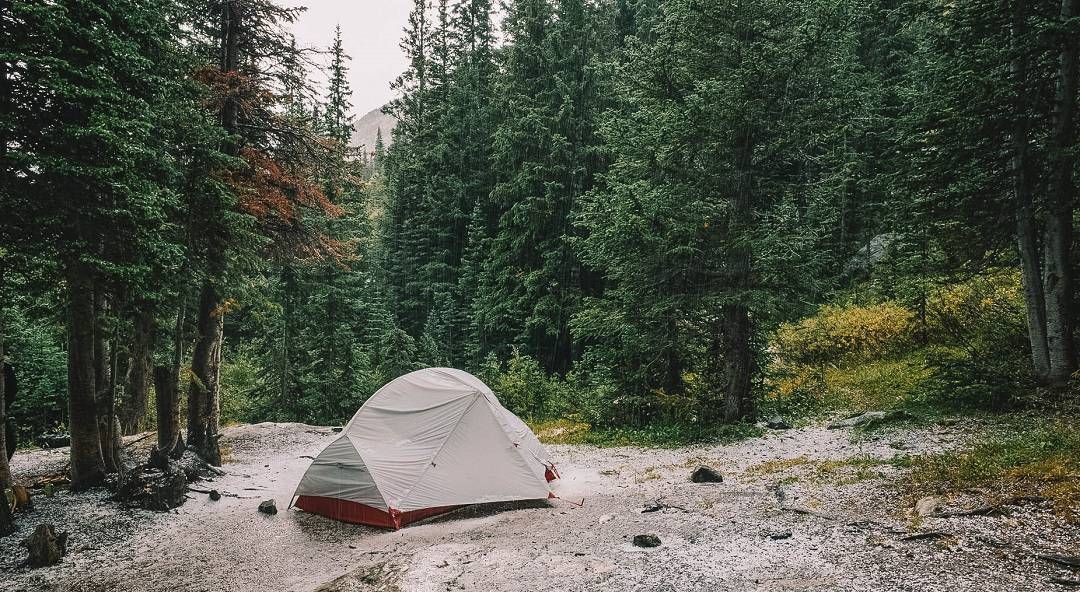 A tent with a grey rainfly amidst evergreen trees under an overcast sky.