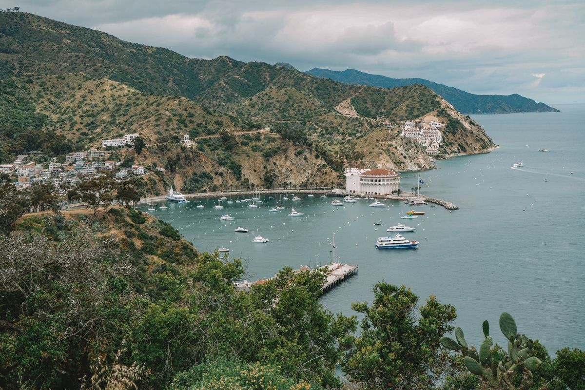 An overhead view of boats in the harbor at Catalina Island on a slightly overcast day.