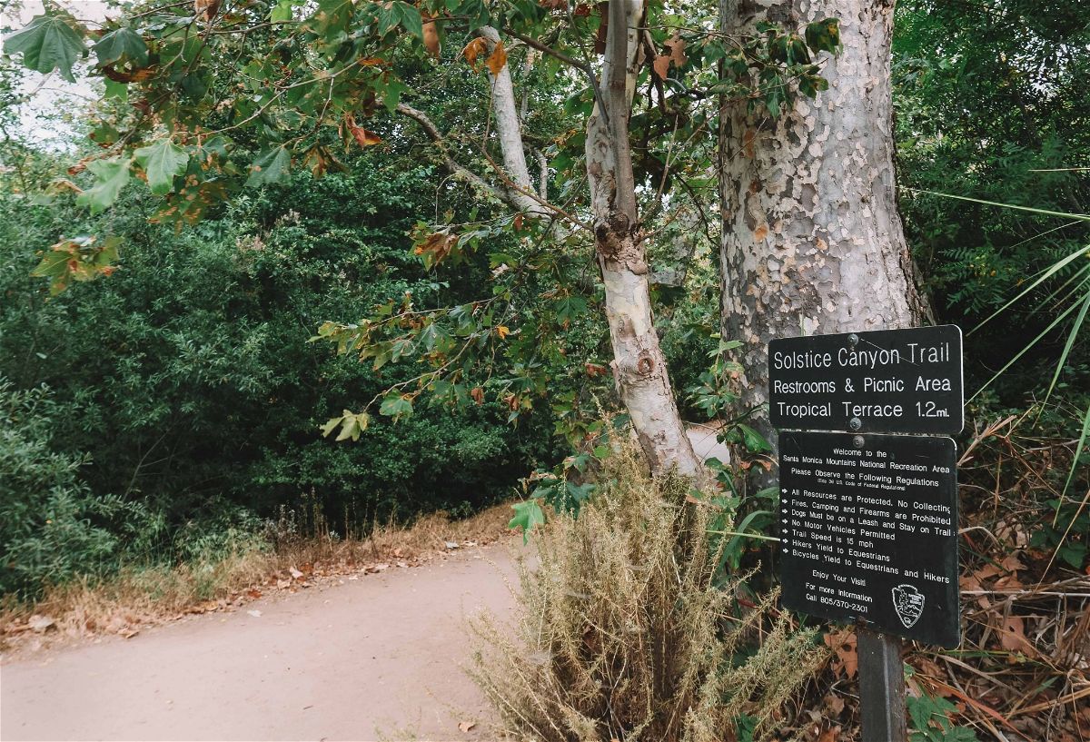 A sign marking the trailhead for Solstice Canyon Trail surrounded by bushed, with the tree-lined path visible behind.
