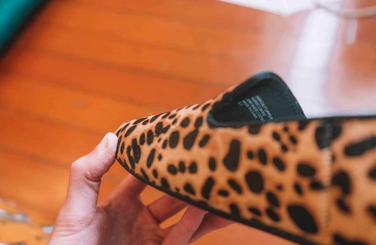 A close up of the Cheetah print Starling slippers, to show the individual calf hairs.