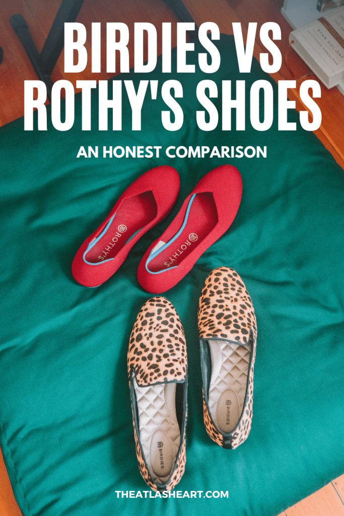 A  pair of cheetah-print Birdies flats sitting on a dark green pillow, with the text overlay, "Birdies vs Rothys Shoes: An Honest Comparison."