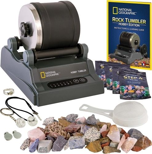 National Geographic Rock Polishing Kit with an image of the hobby tumbler, tumbler instructions, rock polish, a sifter, and multi-colored rocks. 