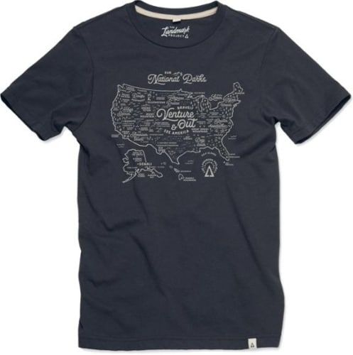 A t-shirt with a map of the US on it with the national parks labeled.