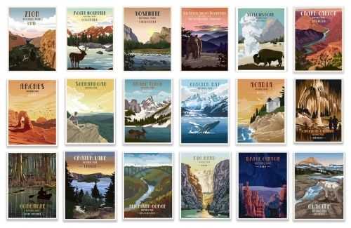 A variety of retro national park posters.
