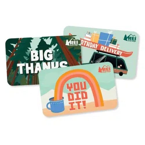 Three REI Gift Cards with various designs.