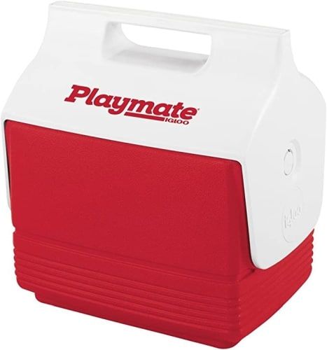 A red and white Vintage Playmate Igloo Cooler.