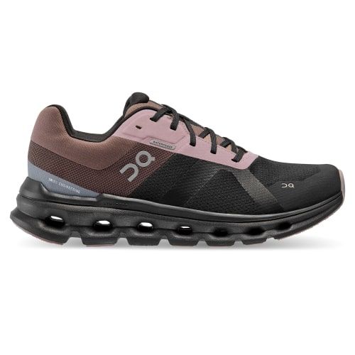 Product photo for the On Cloudrunner Waterproof Shoes in brown, pink, and black.