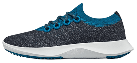 Allbirds Wool Dasher Mizzles in heathered grey Merino wool with a white outsole and dark teel laces, eyelets, tongue, and collar,