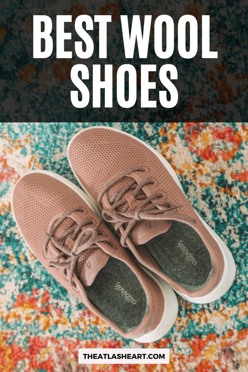 A picture from above of the Allbirds Tree Runners in a neutral pink with wool-lined insoles, sitting on a multi-colored rug with the text overlay, "Best Wool Shoes".