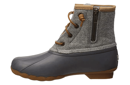 Sperry Saltwater Emboss Wool Boots in textured grey with tan leather laces, a tan leather edged collar, with a dark grey side zipper, dark grey rubber lower, and tan tred.