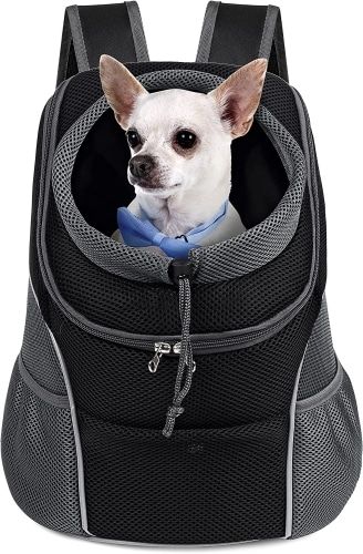 Product photo for the WOYYHO Pet Carrier Backpack with a white chihuahua dog model inside of it.