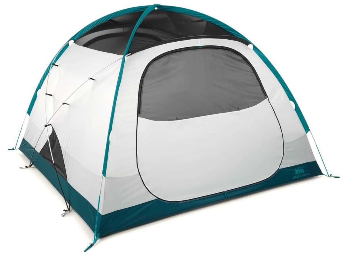 Product image for the REI Co-Op Base Camp 6 Tent in white and turquoise.