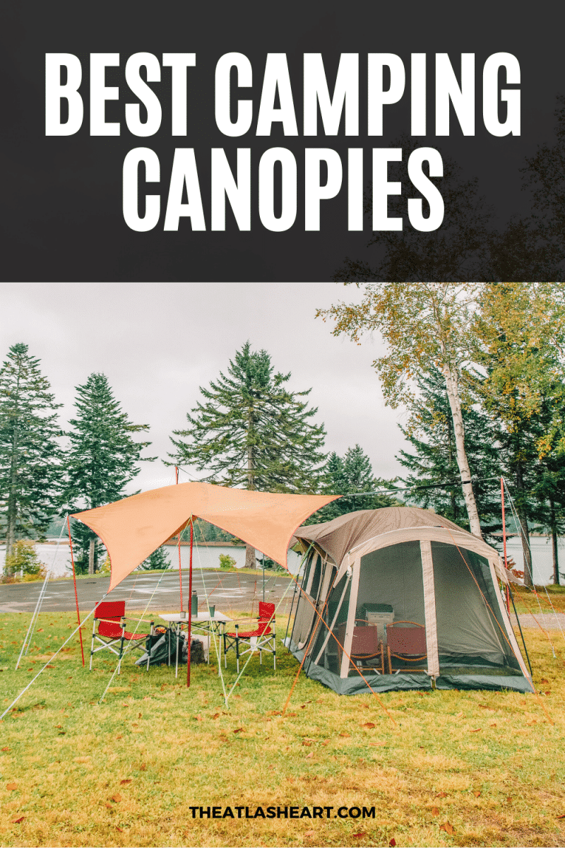 A brown screen room tent with a camping canopy pitched beside it on a lawn with trees and a lake in the background, and the text overlay, "Best Camping Canopies."