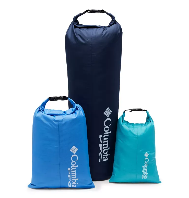 Product photo for the Columbia 3-Piece PFG Dry Bag Set in three shades of blue.