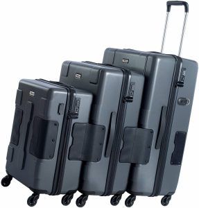 Product image for the TACH V3 Hard Shell 3 Piece Luggage Set in black.