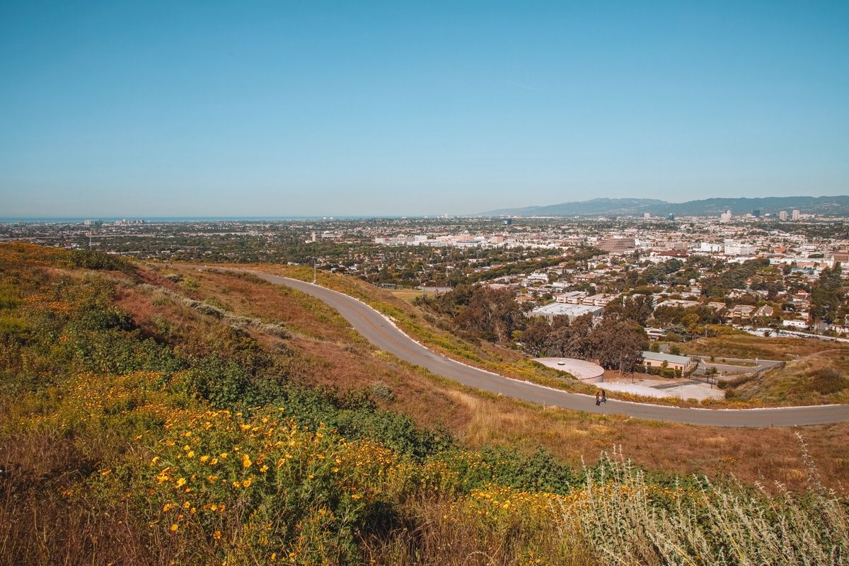 View of the city from the top of a hill at Baldwin Hills Scenic Overlook.