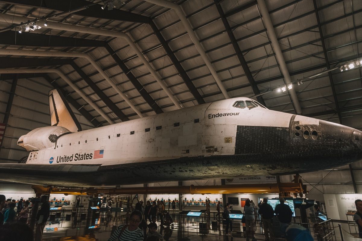 The rocket ship 'Endeavour' in a hanger at the California Science Center.
