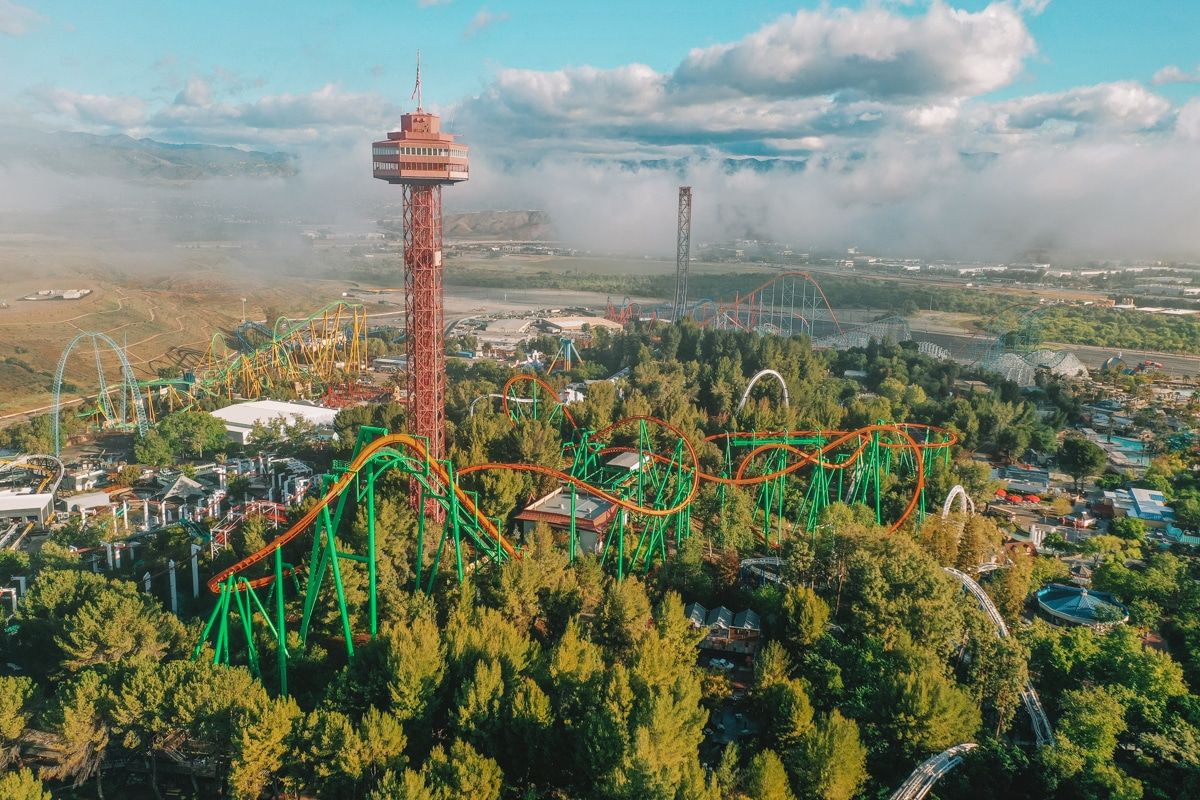 Aerial view of roller coasters rising out of trees at Six Flags Magic Mountain.