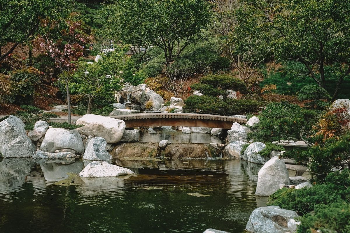 A bridge over a koi pond in the Japanese Friendship Garden.