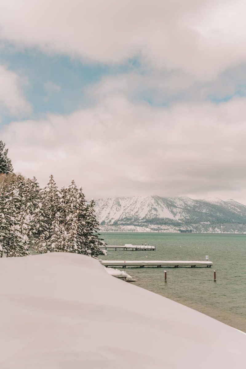Lake tahoe piers covered in snow.
