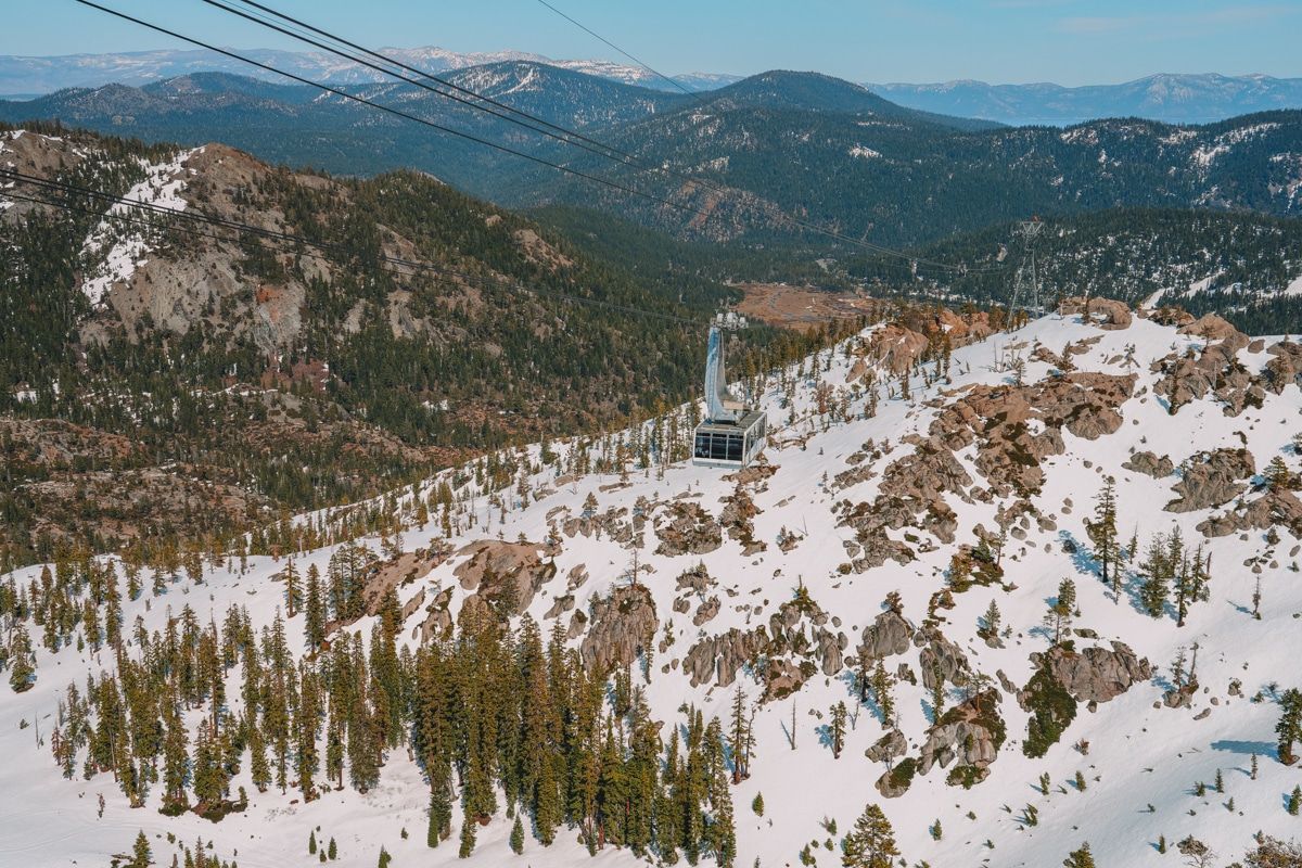 The Tahoe aerial tram looking over a snowy landscape.