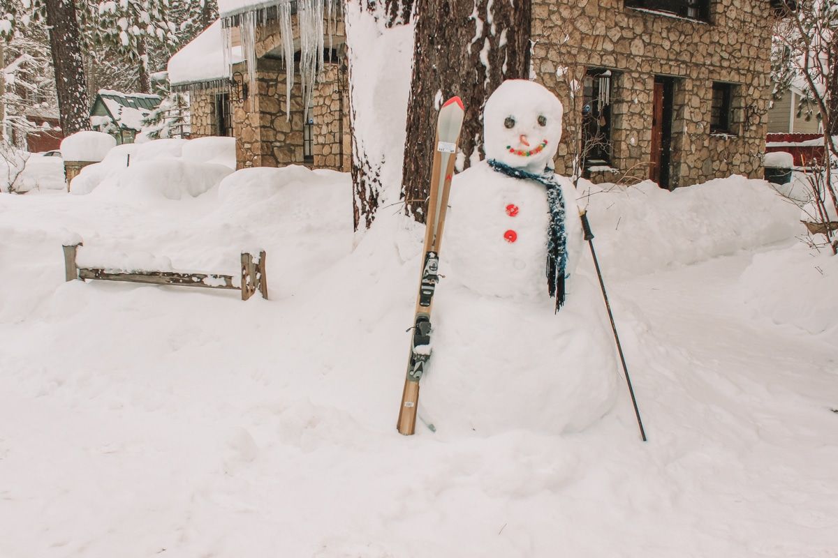 Snowman dressed like a skier in Lake Tahoe.