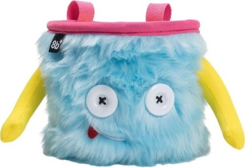 8BPLUS Jamie Chalk Bag product photo, a blue fuzzy bag with a cartoon face embroidered on, including white button eyes.
