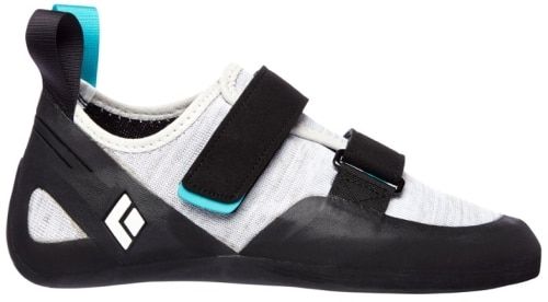 Black Diamond Momentum Climbing Shoes product photo, showing one white show with black and turquoise straps.