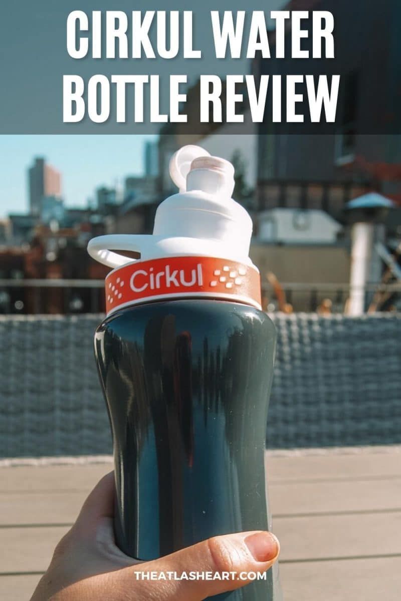 A hand holding a Cirkul water bottle with a cityscape in the background and the text overlay, "Cirkul Water Bottle Review."