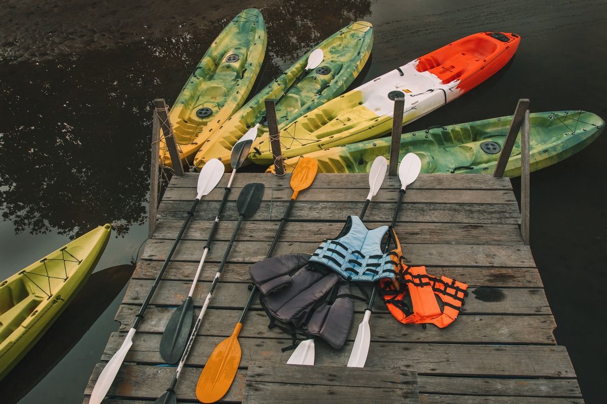 Picture of various kayak accessories on a dock