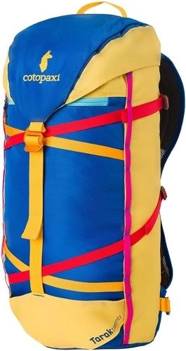 Blue, yellow, pink, and red Cotopaxi Tarak 20L Del Dia Pack.