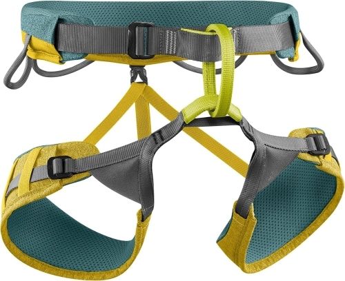 Edelrid Jayne turquoise harness with yellow trim product photo.