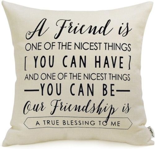 Friendship pillow cover with white background printed in black with heartwarming message.
