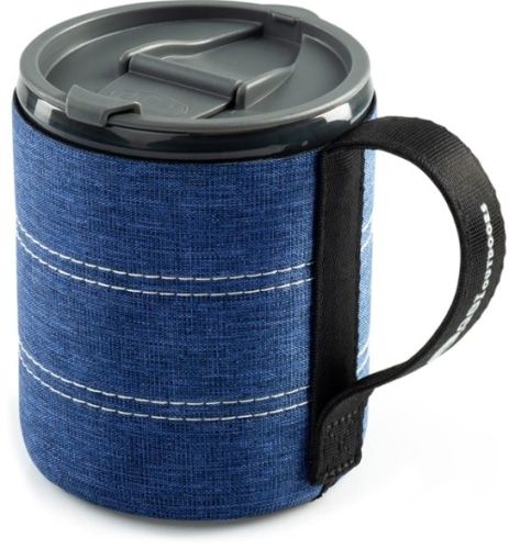 Product photo of GSI Outdoors Infinity Backpacker Mug, showing a travel mug with a grey plastic lid and a denim sleeve.