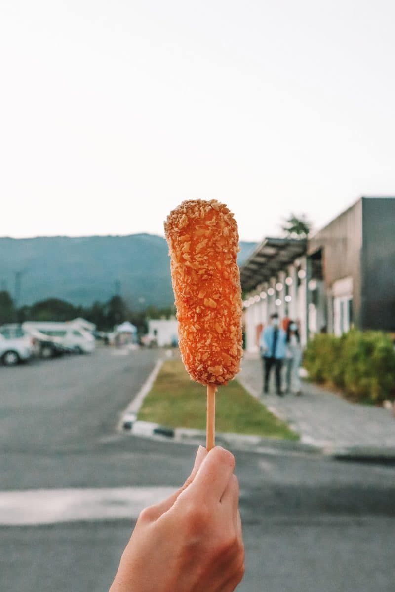A hand holding a Korean corn dog with a suburban street in the background.