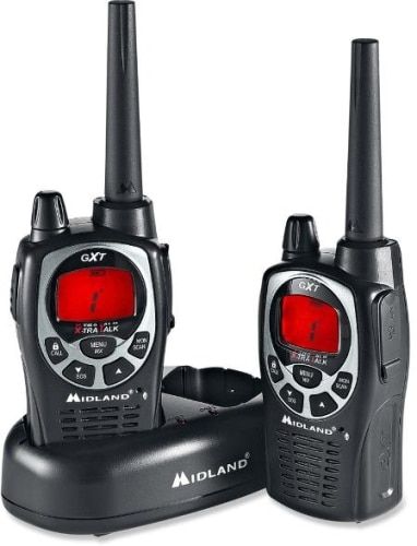 Midland 2-Way GMRS Radios product photo showing two black and silver handheld radios with red digital screens.