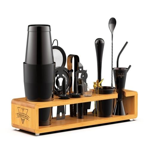 Mixology bartender kit with a wooden stand.