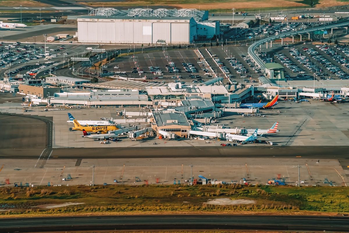 Aerial view of parked airplanes at Oakland International Airport