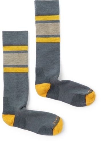 Blue, grey, and yellow snow socks product image.